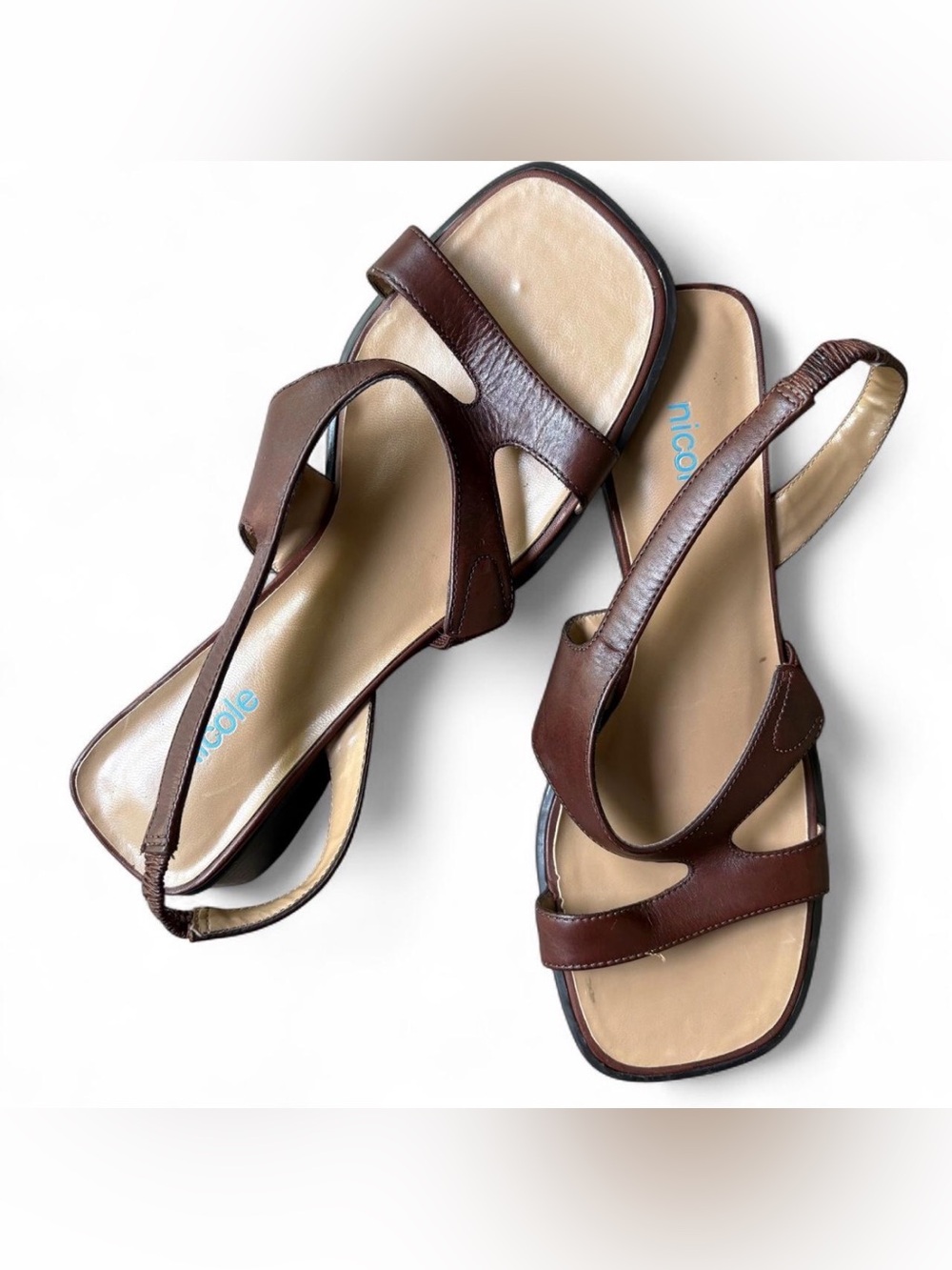 90s Nicole Brown Leather Slingback Sandals Square Toe Block Heel Sz 8.5